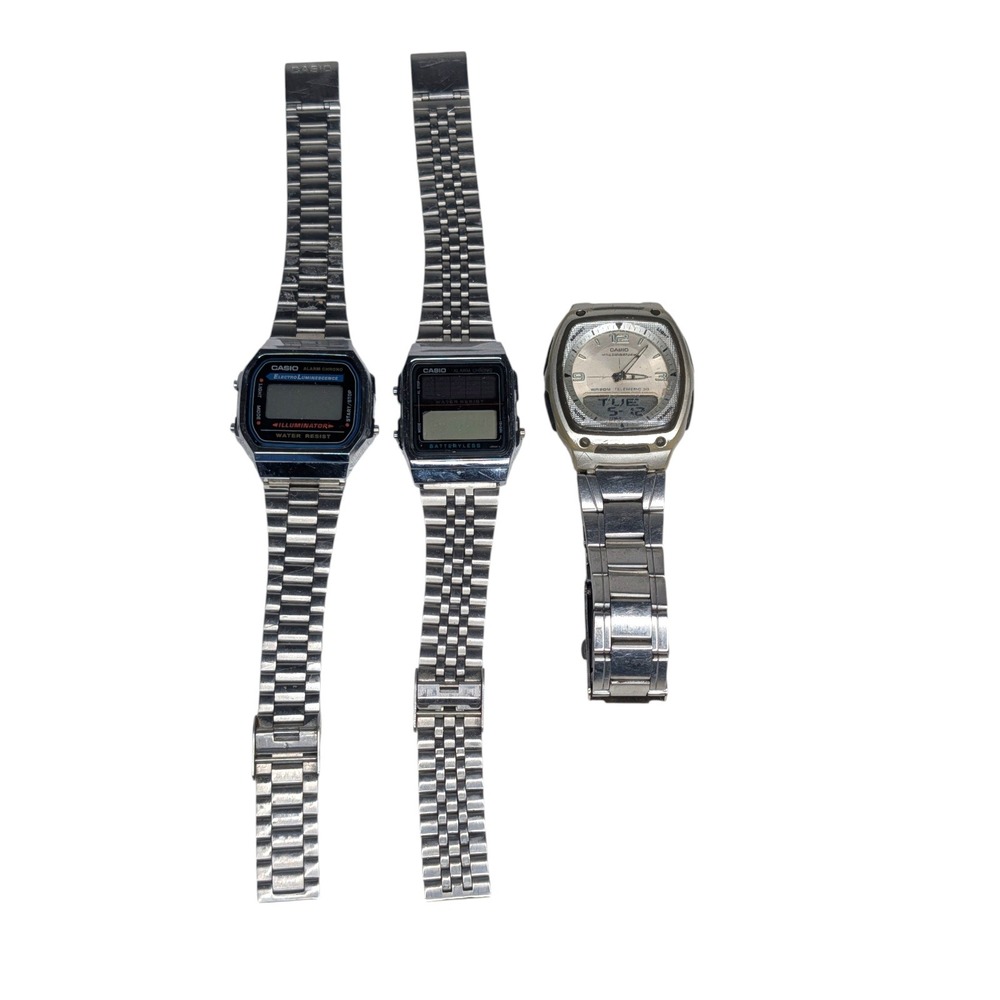 Lot of 3 Casio Watches A168 Illuminator AL-180 Batteryless AW-81 Telememo 30 Vtg